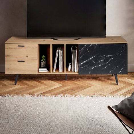 Meuble TV 1 porte 2 tiroirs 150x40x55 cm décor chêne et marbre noir