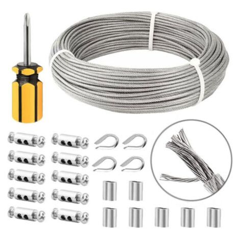 Cable Inox 3mm,50M/3mm Corde en Acier Inoxydable,Cable en Acier Revêtu avec Serre-Câbles,M3 Manchons,Cosses en Acier Inoxydable,3mm Cable Métallique pour Fil a linge,Cable de Garde Corps (1/4)