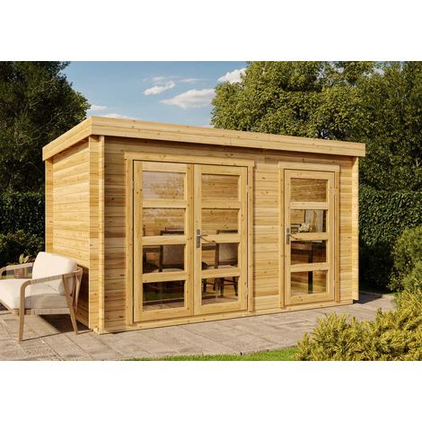 Alpholz – Abri de jardin bois Paloma Grande 28mm – Dimensions 398 x 230 cm – Toit plat avec vitrage – Idéal pour bureau ou atelier (1/4)
