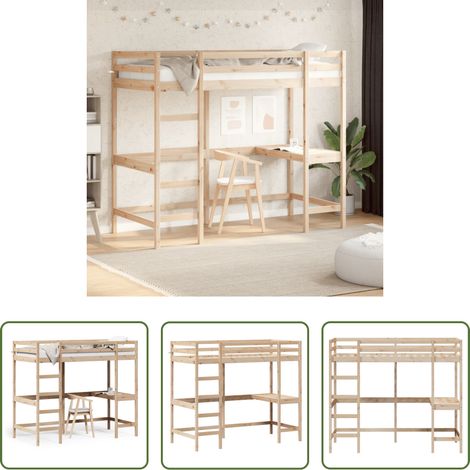 Holzbett - Hochbett mit Schreibtisch 100x200 cm Massivholz Kiefer (1/5)