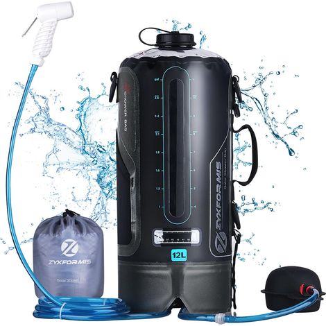 Douches Camping 12L TPU Portable Sac avec Tuyau Amovible Long et Pression Pompe Buse de Affichage de la Thermomètre Pliable Léger Randonnée en Plein Air Escalade Sac de Bain (1/5)