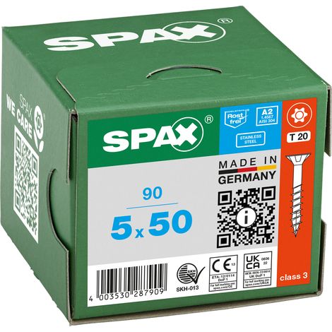 SPAX Vis en acier inoxydable, 5 x 50 mm, 90 pièces, Filetage partiel, Tête fraisée, T-STAR plus T20, 4CUT, Acier inoxydable A2 - 8000000287909
