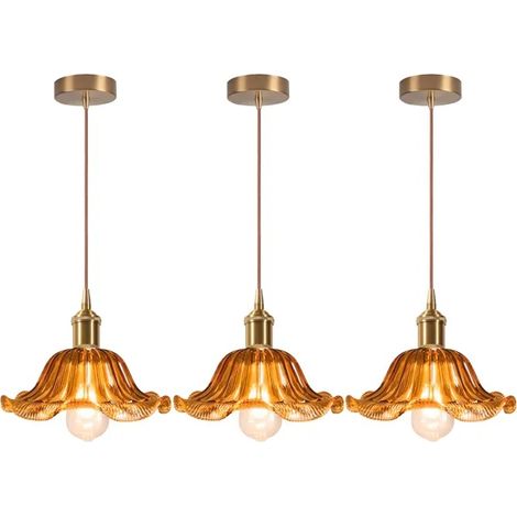 3x Moderne Suspension Luminaire Ambre,Lampe de Plafond Vintage Abat-jour en Verre Design Fleurs Lustre Style Nordique,25cm (1/5)