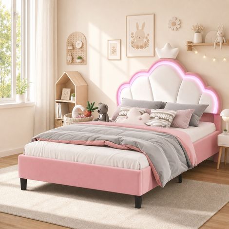Lit Princesse 140x190 cm, lit enfant rembourré velours rose avec tête de lit couronne LED, sommier à lattes, pour chambre de fille moderne