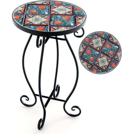 Support à plantes rond en mosaïque extérieur avec plateau en carrelage céramique (1/5)