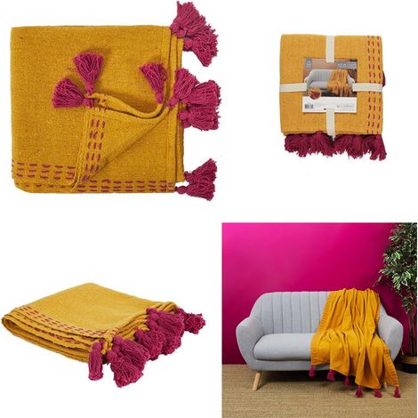 Plaid - HOME DECO FACTORY - Surpiqué - Pompons - Jaune - 130 x 150 cm (1/5)
