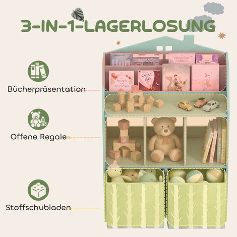 Bibliothèque enfant 2 tiroirs en toile, meuble de rangement ouvert pour 3-8 ans, 62,5 x 30 x 91,5 cm, vert (1/4)