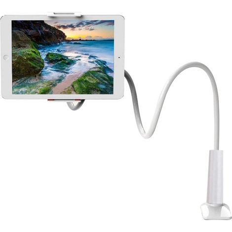 Ynkkvre - Support pour tablette et téléphone avec col de cygne - Ultra robuste et réglable, support mains libres pour lit, bureau et canapé - Blanc (1/5)