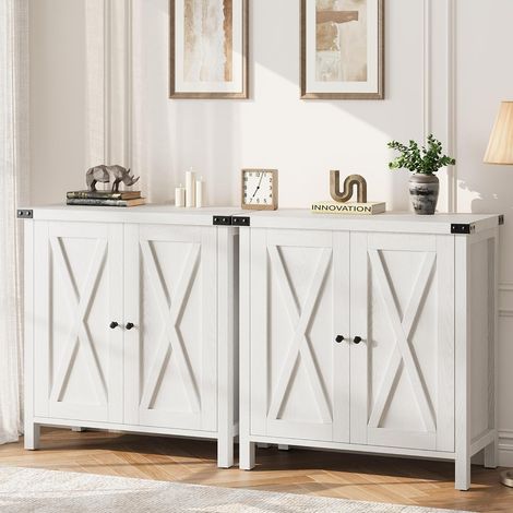 Lot de 2 meubles de rangement blanc style ferme 2 portes étagères réglables entrée salon (1/5)