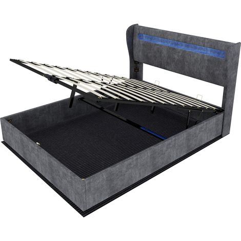 Cama tapizada gris 160 x 200 cm con LED y arcón elevable con pistones, estructura metálica y tela (1/5)