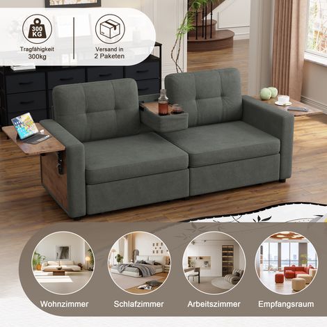 Canapé 2 places deux compartiments rangement assise réglable, table ordinateur escamotable porte-gobelets, tissu moderne salon, chenille gris, coloris gris (1/5)