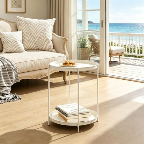 Table d'appoint ronde - 44x44x53 cm - Bout de canapé fixe amovible 2 plateaux amovibles niches de rangement metal - Blanc creme (1/5)