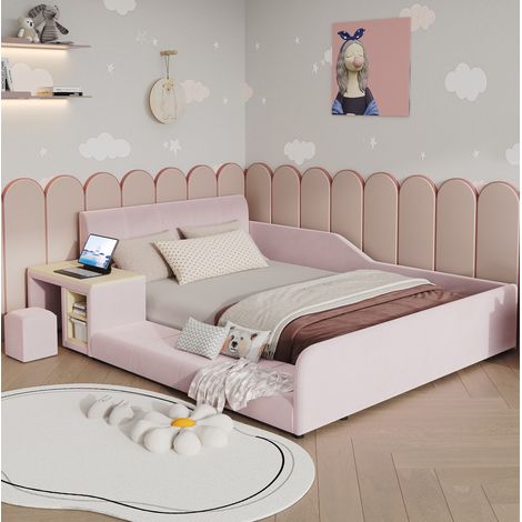 Cama infantil 140 x 200 cm de terciopelo con escritorio, taburete y estante, rosa HAVRYA (1/5)