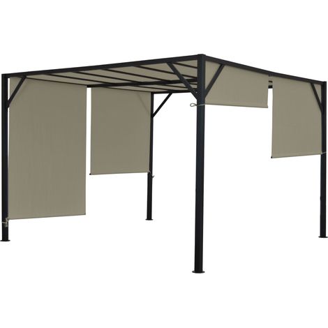 Pergola pavillon de jardin toit terrasse structure acier stable 6cm + toit coulissant taupe 3x3m 040004075