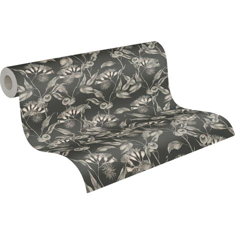 Papier peint intissé noir et gris Tapisserie à fleurs blanches style tropical jungle Papier peint floral idéal pour couloir et chambre (1/5)
