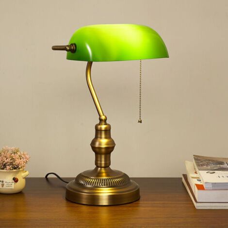 banker glass desk lamp traditional European classic bronze finish base vintage table lamp for office library study desk bedroom Banker desk lamp in green (1/5)