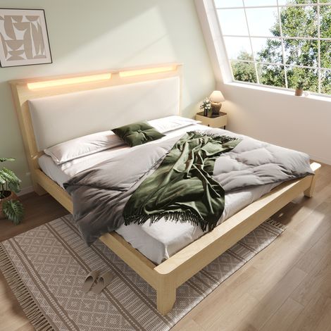 Lit double moderne 140x200 cm aspect chêne clair, tête de lit avec rangements, LED et dossier en velours côtelé beige (1/5)