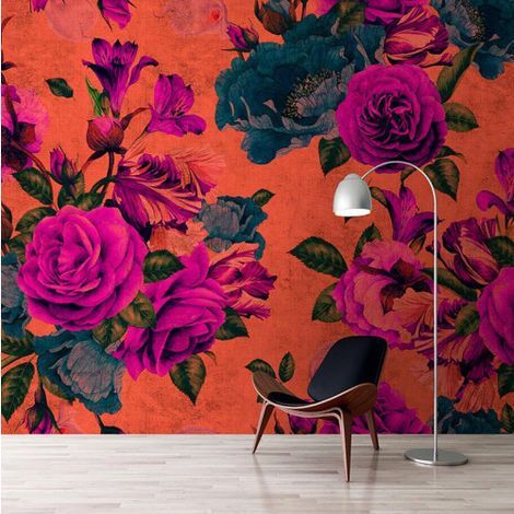 Papier peint panoramique violet et orange fleuri Tapisserie panoramique tendance pour cuisine Papier peint panoramique floral roses (1/3)