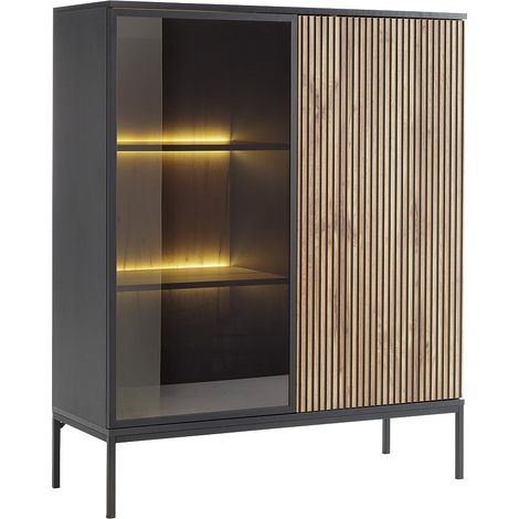 Vetrina 2 ante con LED in MDF e Vetro fumé Nero e Naturale - OVILA