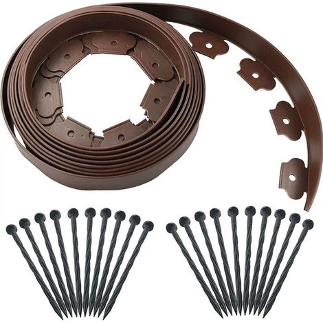 Tondeuse de jardin en plastique 10 m avec 30 piquets d'ancrage Tondeuse à gazon flexible Tondeuse à gazon avec piquets robustes Idée de jardin Largeur 5 cm, épaisseur 0,3 cm Marron (1/5)