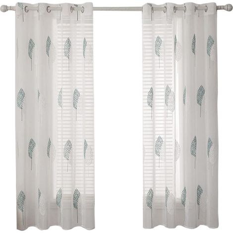Vorhänge mit Blätter Muster, Stickerei Vorhang Transparent, Dekoration Ösen Gardinen Für Wohnzimmer, Vorhang Kurz Fenster, 2er Set Modern Schlafzimmer Vorhänge – Blau 140x245cm