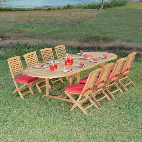 Teck'Attitude – Ensemble table ovale extensible en teck massif – 8 places – Dimensions 190/290 x 100 x 75 cm – Chaises pliantes Barbade en teck (1/5)
