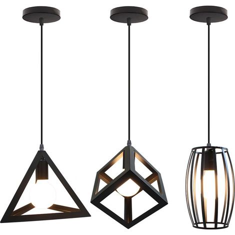 (3 Pièces) Suspension Géométrique Rétro Plafonnier Créative Suspension Luminaire En Métal Cage Pour Chambre Club Bar Noir (1/5)