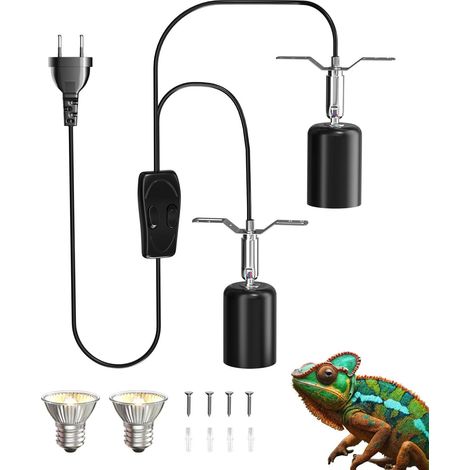 Douille de Lampe Chauffante pour Reptiles, Support en Céramique à Double Tête E27 pour Ampoule à Chaleur avec Ampoules UVA/UVB de 2 50W, Commande Séparée, 360° Rotatif, Adapté pour Caméléon (1/5)