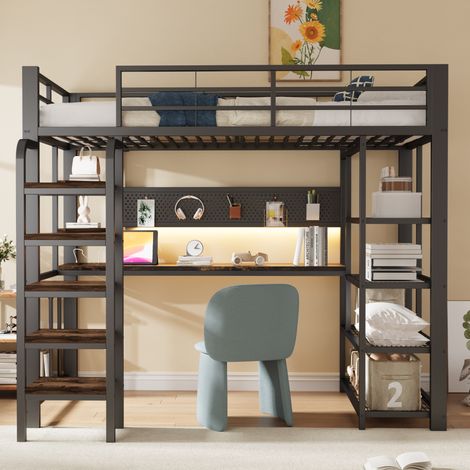 Lit mezzanine métal 90x200 cm avec bureau et éclairage LED prises Lit enfant avec panneau perforé-étagères-échelle verticale Noir (1/5)
