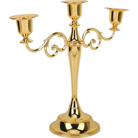 Bougeoir en métal doré brillant à 3 bras, style rétro raffiné, idéal pour la décoration de tables à manger et de mariages. (1/5)