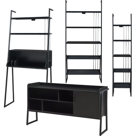 Set di 4 mobili tra cui scrivania mobile TV e 2 ripiani a scala nero 030009403