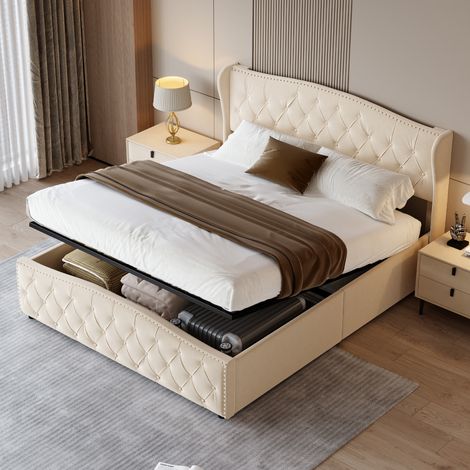 Cama canapé 160x200 cm con almacenaje hidráulico, tachuelas y botones decorativos, somier de láminas, cama doble acolchada de terciopelo beige (1/5)