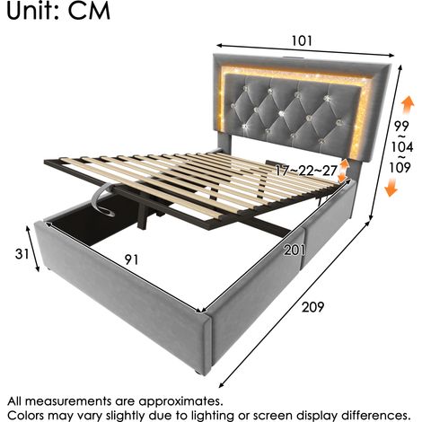 Lit Simple Velours Gris 90x200 cm avec Tête de Lit Diamant LED, Station de Charge USB & Type-C, Coffre de Rangement Hydraulique, Sommier Inclus, Lit Moderne pour Ados (Sans Matelas)