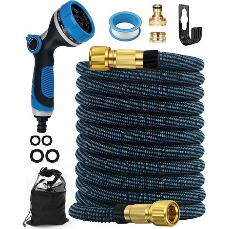 Heavy Duty Expandable Garden Hose 30M/100FT, Flexible Anti-Kink Hose with 10 Function Spray Gun, Brass Fittings 3/4" and 1/2", Heavy Duty Lightweight Garden Hose for Outdoor Watering (1/5)