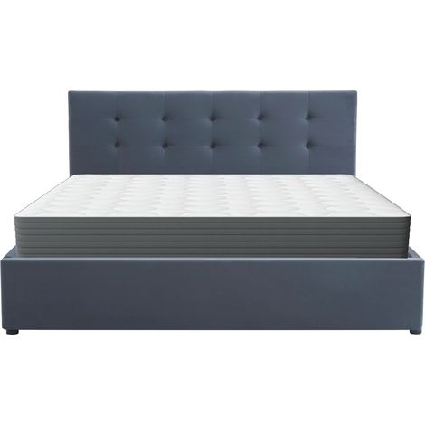 Ensemble Lit coffre adulte 160x200cm avec tête de lit en velours gris foncé - Tina + Matelas mémoire de forme - Memo HR (1/5)