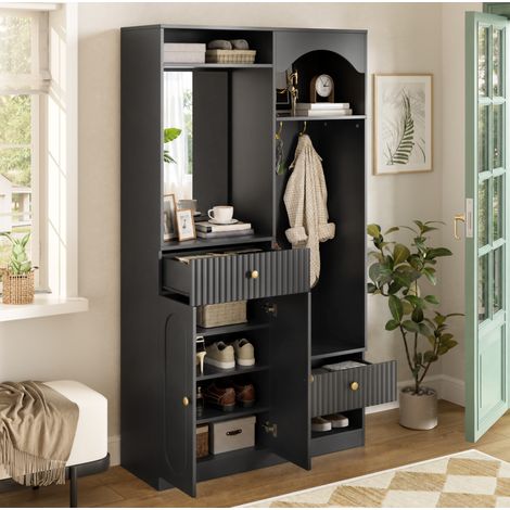 Mobile ingresso con specchio, panca e ganci, 100 x 35 x 180 cm, nero DESVIAE (1/5)