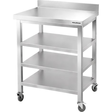 Table de travail en inox Bar 500x500 mm avec 3 étagères inférieures et dosseret sur roulettes PREMIUM - GOLDINOX (1/4)