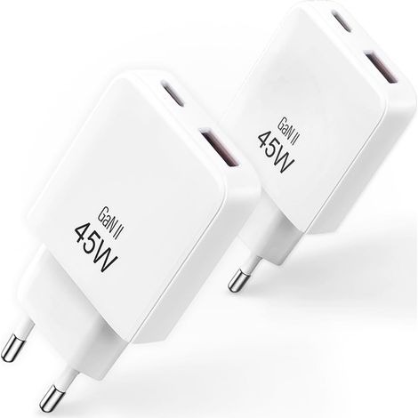 Lot de 2 Chargeurs Rapide 45W Compact USB C et USB A – Chargeurs pour iPhone 17 - Dernière Technologie GaN 2026 – Prise Secteur pour iPhone, Samsung et Ordinateurs Portables –Coloris Blanc (1/5)