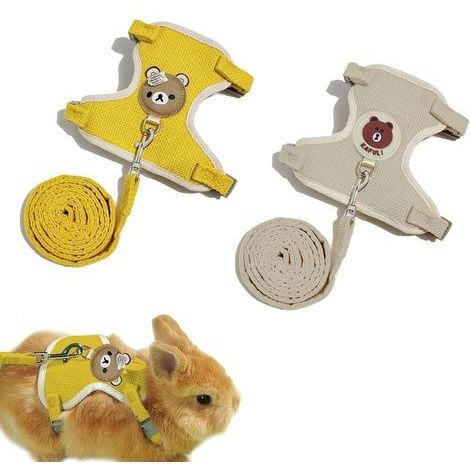 Lot de 2 Harnais pour lapin, Réglable et doux, Laisse anti-évasion, Pour petits animaux, Jaune et beige (1/5)