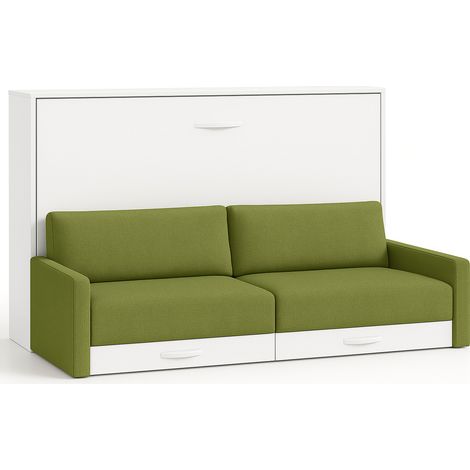 Lit escamotable horizontal avec canapé Vetal 120x190-Canapé Vert pistache-Structure et Façade Blanche (1/5)