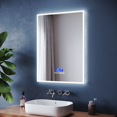 ELEGANT Bathroom LED Mirror with Shaver Socket with Demister Pad Wall Mounted Bathroom Makeup Mirror 600x800mm Bluetooth Clock and date Touch Sensor