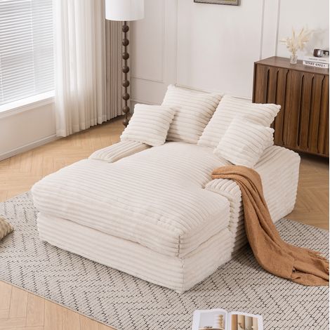Chaise longue de terciopelo acanalado beige 137 x 175 x 63 cm con 4 cojines DESVIAE (1/5)