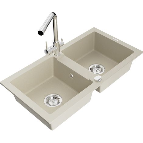 Mexen Mario 2-Becken-Granitspüle mit Mischbatterie Duero, Beige - 6504-69-671600-00