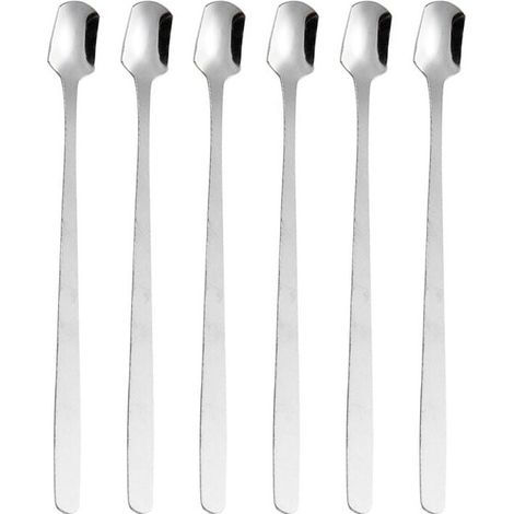 Lot de 6 cuillères à mélanger à tête carrée avec manche long et manche en forme de bâtonnets à biscuits, argenté (1/5)