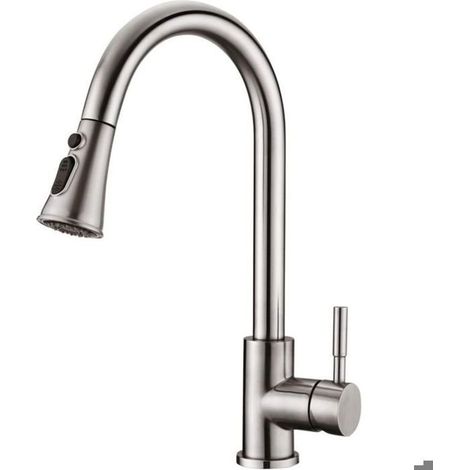 Miscelatore da cucina in acciaio inox con doccetta estraibile, rotazione a 360° e 3 modalità di flusso d'acqua, adatto per lavelli. (1/4)