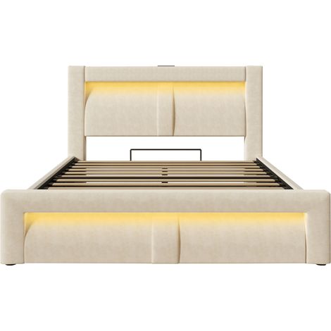 Letto matrimoniale 140x200 cm con contenitore idraulico LED USB e Type-C in velluto beige (1/5)