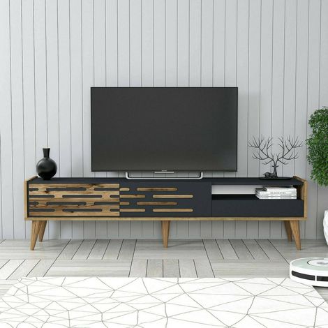 Dmora - Meuble TV Alnilam, Buffet de salon, Armoire basse pour TV, Base murale de rangement, 180x45h35 cm, Anthracite et Noyer, avec emballage renforcé (1/4)