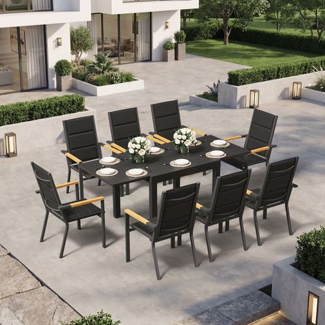 Ensemble Table Chaise Jardin 8 personnes,Table Jardin Chaise en Aluminium,8 Chaises Jardin Accoudoirs Imitation Bois et 1 Table Jardin Extensible (80/160 cm),Imperméable, Antirouille,Tout Temps,Gris (1/5)