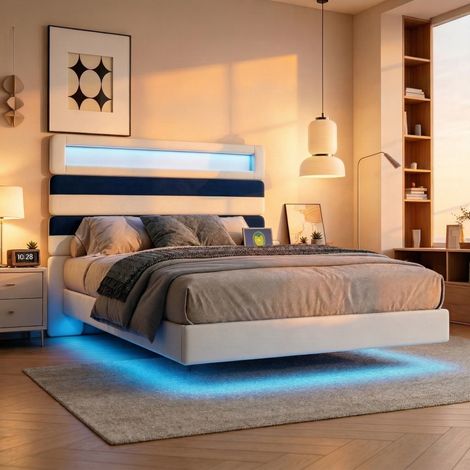 Einzelbett 140 x 190 cm, Samtbezug, steuerbare LED-Beleuchtung, USB-/USB-C-Anschlüsse, verstellbares Kopfteil, MDF- und Stahlrahmen