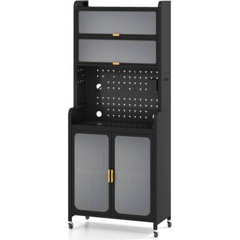 Pour micro-ondes et cafetière : buffet meuble de cuisine pour maison avec portes PC, crochets et cadre métal noir (1/5)